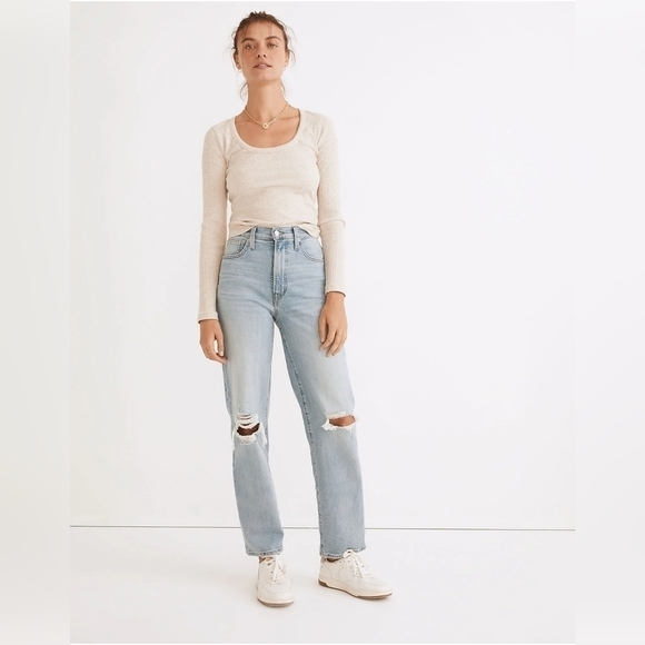 Madewell The Perfect Vintage Straight Jean in Danby Wash Knee-Rip Edition Sz 25